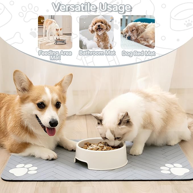 Pet Feeding Mat-Absorbent Dog Feeding Mat for Food and Water Bowl,No Stains Pet Placemat,Quick Drying Water Dispenser Mat for Dog and Cat,Easy to Clean Dog Accessories(L,Light Gray)