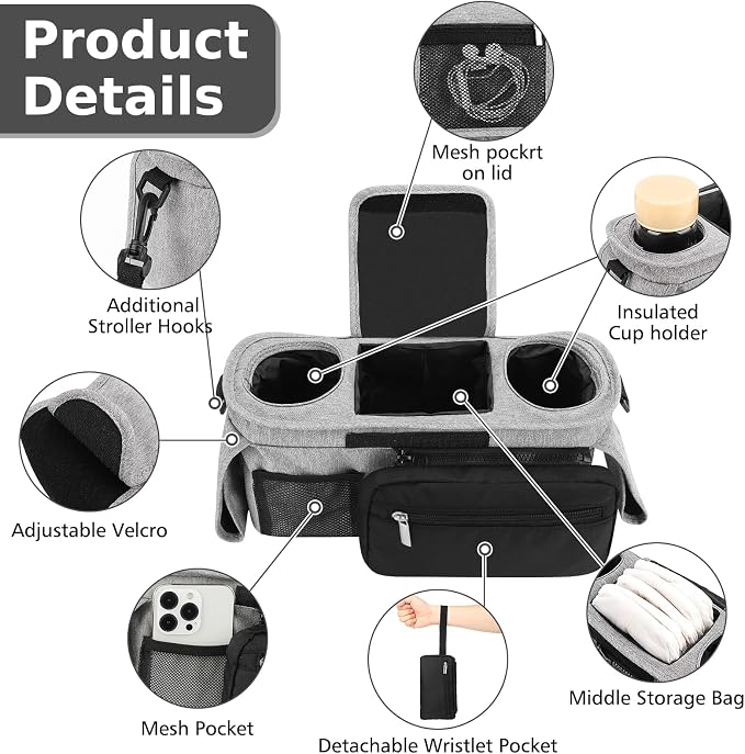 Accmor Universal Stroller Organizer with Insulated Cup Holder Detachable Phone Bag and Shoulder Strap,Stroller Bag Caddy Organizer for Uppababy, Baby Jogger, Britax Strollers