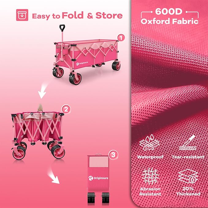Originsure 300L Beach Wagons Carts Foldable with Big Wheels, 560lbs, Pink | 48" Folding Utility Wagon,7" All-Terrain Wheels,Heavy Duty Frame,Compact&Space-Saving,for Camping,Sports,Grocery,Garden