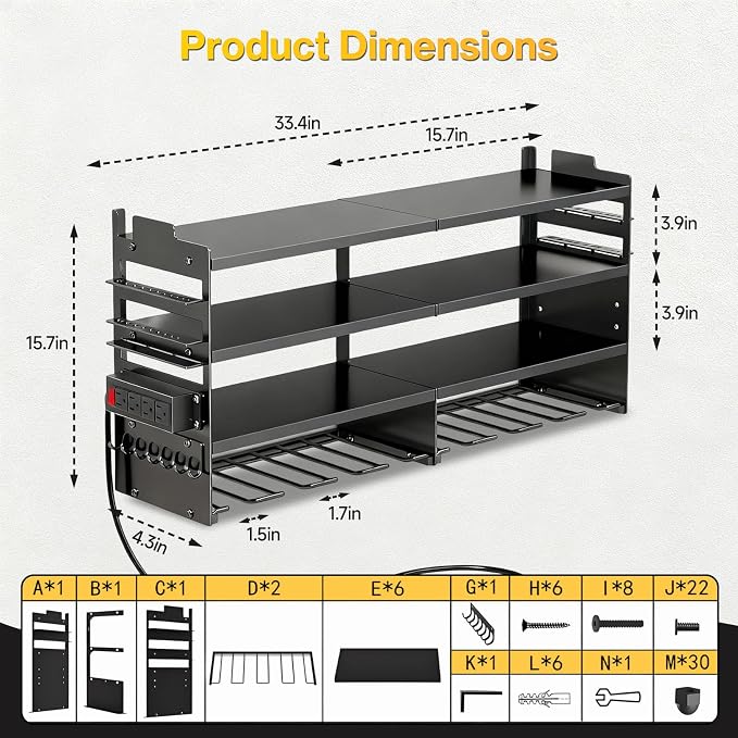 Heavy Duty Power Tool Organizer Wall Mount with Charging Station with 4 Power Strip, 4 Layer Tool Storage Rack with 8 Drill Holder, 700 lbs load capacity