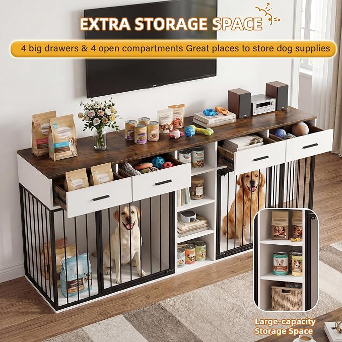 82 Inch Double Dog Crate Furniture for 2 Medium/Large Dogs, White | Extra Large Indoor Wooden Kennel, 4 Drawers & 4 Shelves, Heavy Duty Dog Crate TV Stand, Removable Divider