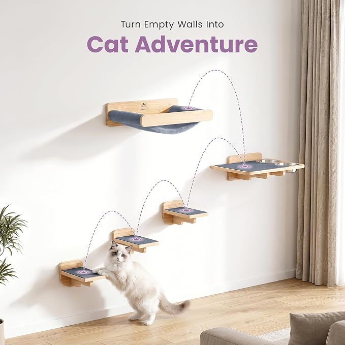Cat Wall Shelves - Wall Mounted Cat Shelves with Feeding Station | Solid Pinewood, Gray Carpet, Supports Up to 33 lbs, Stainless Bowls, Dog-proof, Lounging, Climbing
