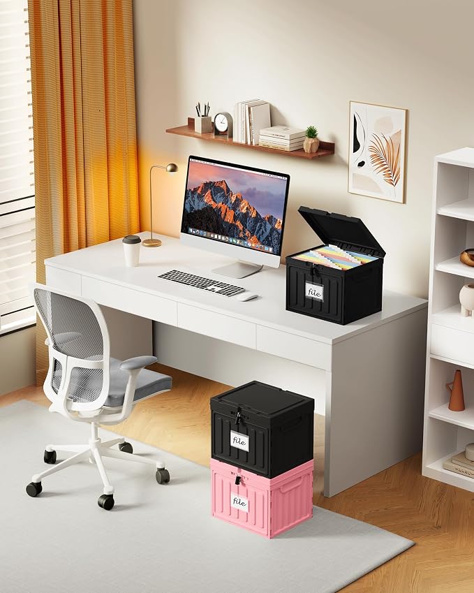 Oterri Lockable Plastic File Box with Lid for Letter-Size | Hanging File Folders Not Included. Black, Large 1-Pack. Home, Office, Classroom, Dorm, Tax, Under Bed, Filing Cabinet.