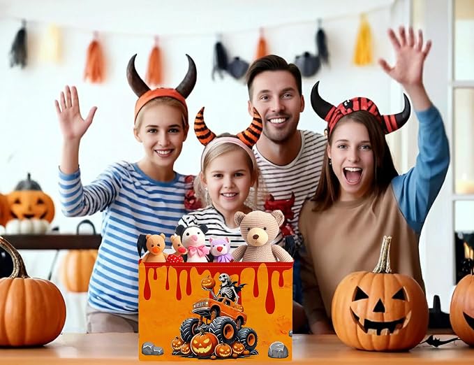 Large Halloween Themed Candy Gift Boo Basket for Kids Baby Personalized Adults Storage Bin Fall Decor(Skeleton Monster Truck)