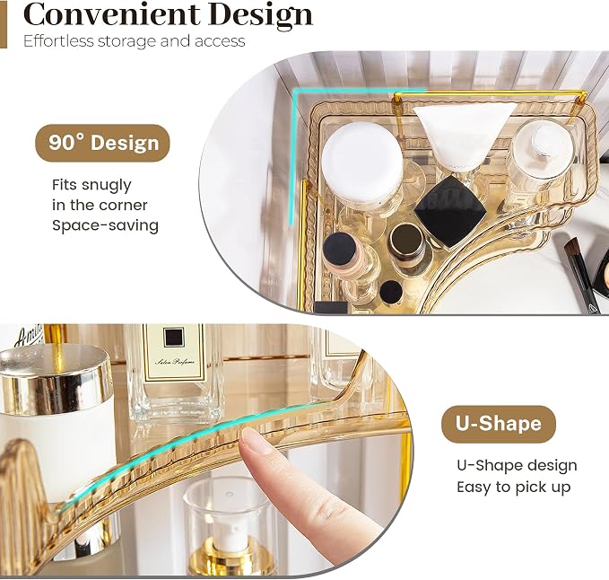 Aveniee Corner Bathroom Counter Organizer, Bathroom Countertop Shelf Makeup Organizer for Vanity Perfume Tray for Corner Storage (2 Tiers, Gold)