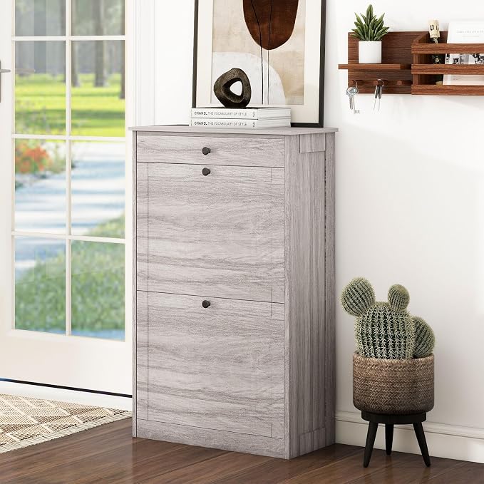 FTZxHKLX Shoe Rack Cabinet 2 Flip Drawers, Entryway Shoe Storage, Wash Grey | Narrow Shoe Cabinet Organizer with Top Drawer, Freestanding Hidden Shoe Organizer for Entryway , Hallway, Foyer