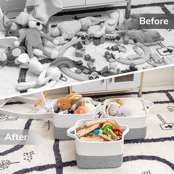 Goodpick Woven Storage Basket for Shelves, 13" x 10" x 9", Gray & White | Stylish Gift Basket for Home Decor, Cotton Rope Baskets for Toys, Towels & Shoes Storage, Closet & Shelf Organization
