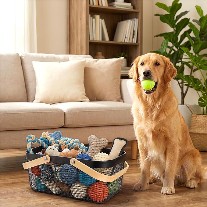 Metal Dog Toy Basket, Chew-Proof Food Bin with Handles | Medium Indestructible Feeding Storage Container, Pet Stuff Organizer Box for Living Room, Dog Leash, Blanket