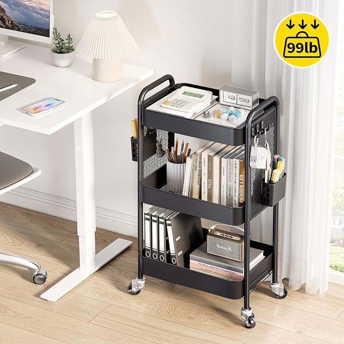 TOOLF 3 Tier Rolling Cart, Metal Utility Storage Cart with Pegboard, Black | 2 Bins & 4 Hooks, Screwless Assembly, Lockable Wheels, Trolley Organizer for Bathroom, Kitchen, Office, Dorm, Craft Room