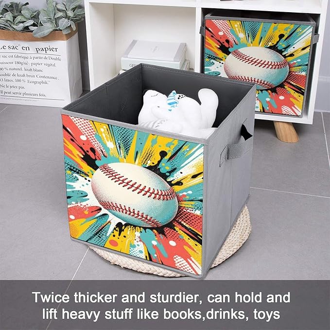 Baseball Pop Art Design Storage Bin with Handles, Oxford Fabric Foldable Storage Cube Organizer for Clothes, Towels, Bedroom, Living Room, Home Organization