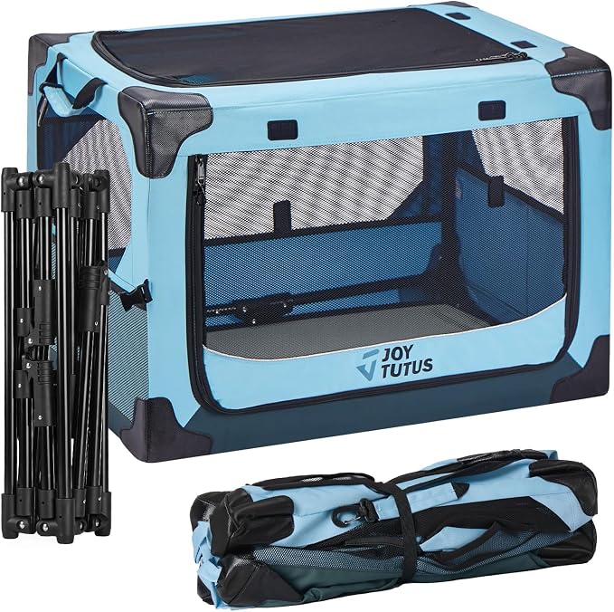 JOYTUTUS Collapsible Dog Crate, 38 Inch Portable Pet Crate for Car, Travel Dog Kennel Foldable Dog Crate for Large Dog 70lbs, Soft Cat Carrier Fit for Indoor & Outdoor/Trunk (Blue)
