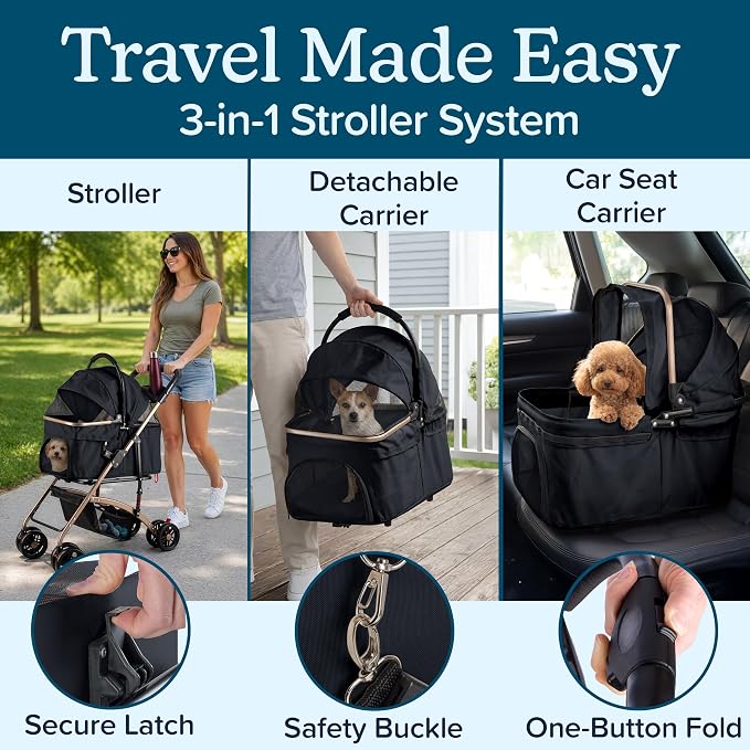 2-in-1 Pet Stroller with Detachable Carrier - Lightweight Foldable Dog Strollers for Small Dogs and Cats - Cat Carrier with 4 Shock Absorbing Wheels, Cupholders and Storage Basket by PETMAKER (Black)