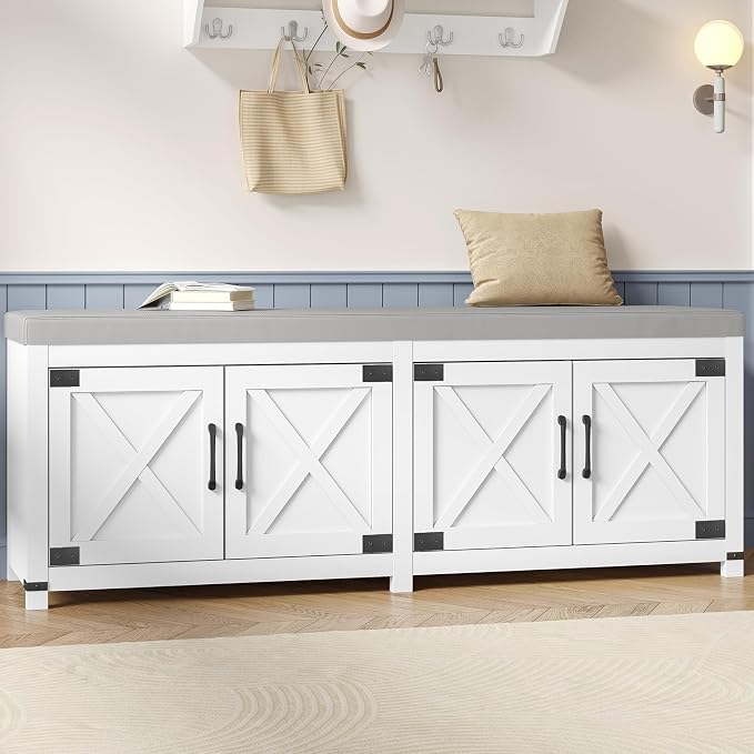 Hzuaneri 59" Shoe Storage Bench, with Soft Padded Seat Cushion & Doors | 2 Tier Entryway Storage Bench with Adjustable Shelf, Farmhouse Shoe Cabinet for Living room, Bedroom, White SB31503GY
