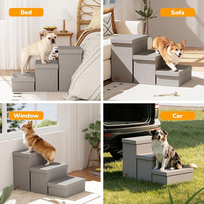 3-Step Wide Dog Stairs 18" H with Removable Cover, Non-Slip Storage Pet Steps for High Bed Couch, Pet Stairs for Small/Medium/Large Old Dogs Puppy Up to 200lbs, Cat Dog Steps for Car, Grey