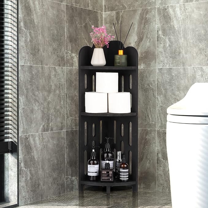 Meangood Bathroom Corner Shelf Stand, 3 Tier Solid Wood Display Shelf for Narrow Space, Shower Corner Shelf, Plant Stand Nightstand, for Living Room, Bedroom, Home Office, Elegant Black