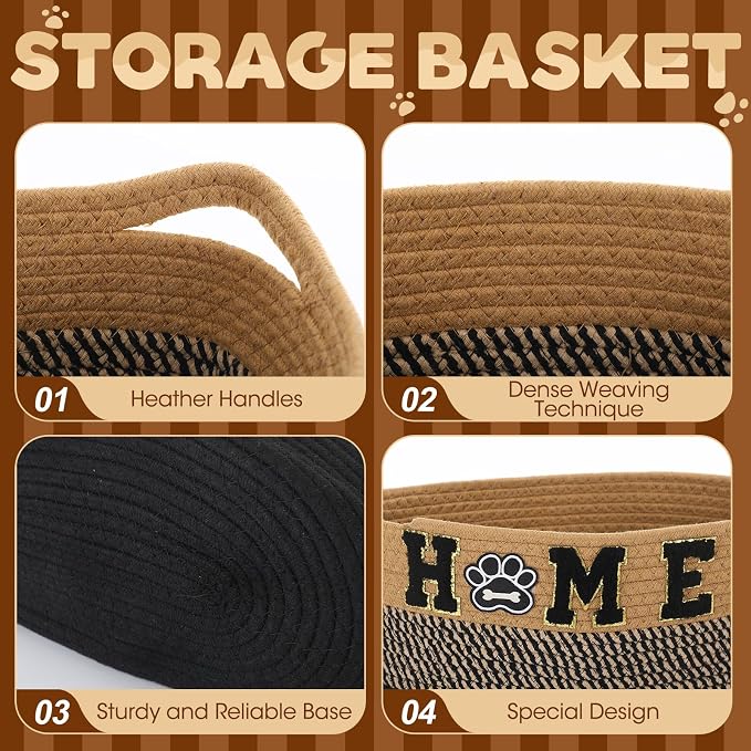 Dog Toy Storage Basket - Large Woven Rope Organizer Bin with Home Paw Patch, 13'' x 8.7'' Decorative Pet Bin Box for Living Room, Cotton Rope Basket for Dog Toys Blankets Accessories
