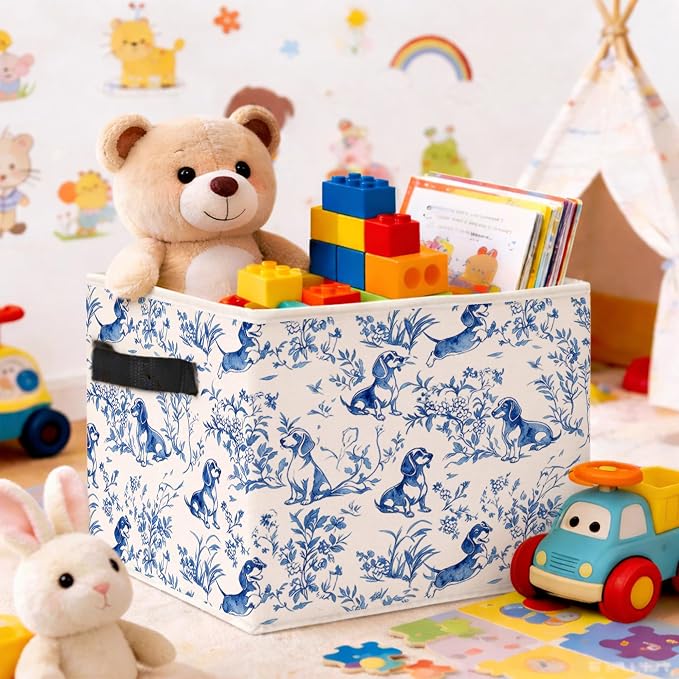 Blue Dachshund Storage Bin, Chinoiserie Toile Dog Fabric Basket Organizer | Foldable collapsible fabric organizer for nursery, bedroom, playroom, toys, books, clothes
