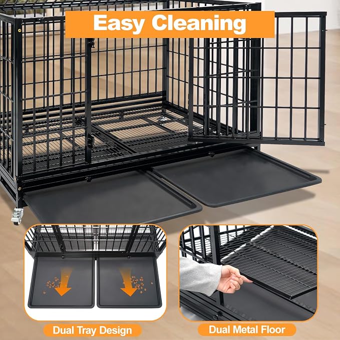Homey Pet 47 Inch Heavy Duty Indestructible Dog Crate, Stackable Escape Proof Dog Cage Kennel Indoor with Two Trays, Metal Grids, Wheels, Double Doors for High Anxiety Large Dogs(2 Tiers)