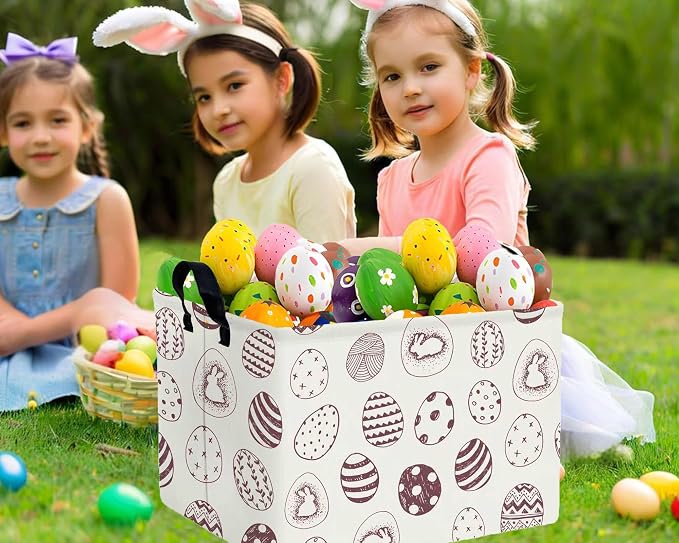 Large Rectangular Easter Baskets Empty Waterproof Boy Toy Box Foldable Kid's Gifts Storage Bin Spring Room Decor(Brown Egg)