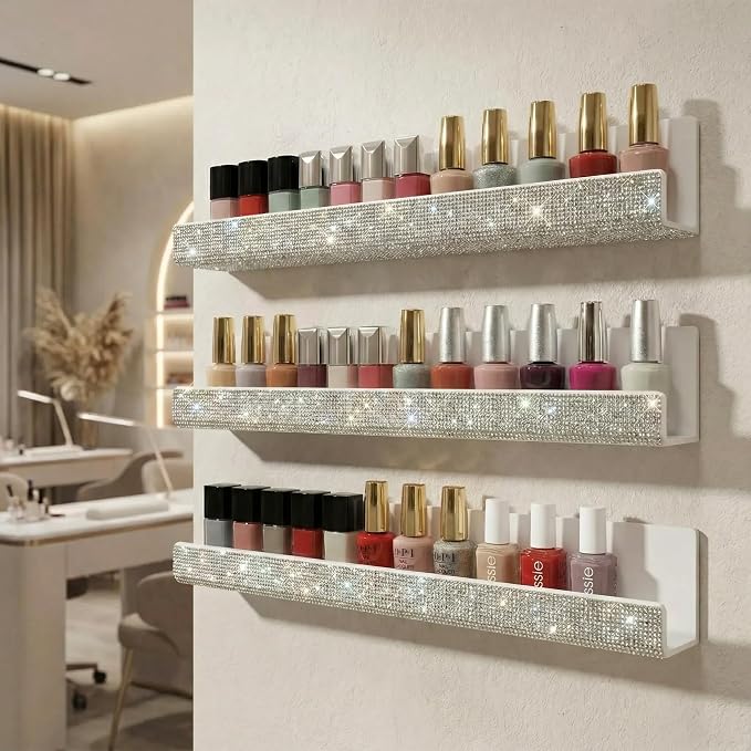 Nail Polish Wall Shelf - 15-Inch Diamond Crystal Display & Organizer Rack, Holds 60+ Polishes, Soft Ledge for Bedroom, Bathroom, Salon,6 Pack