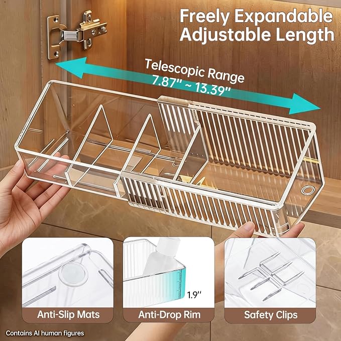 Expandable Medicine Cabinet Organizer for Bathroom, 2 Pack | 8-13.5" Adjustable, 4-Compartment Makeup Tray, Clear View, Non-Slip, Raised Edges, Narrow, Fits Vanity/Countertop/Drawer