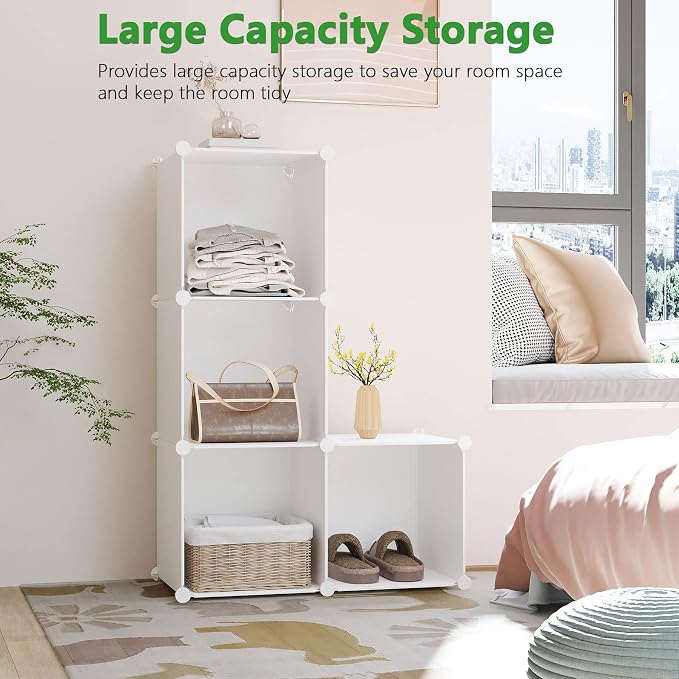 C&AHOME Plastic Cube Storage Organizer, 4-Cube Shelves Units, Milky | DIY Modular Bookshelf, Portable Closet Organizers and Storage Ideal for Bedroom, Office, 24.8" L x 12.4" W x 24.8" H
