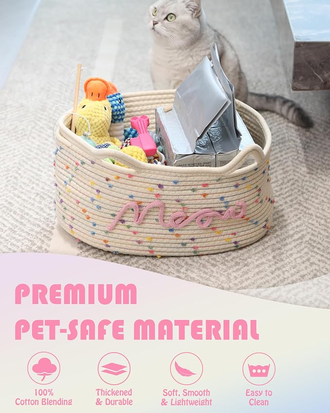 Sea Team Cat Toy Storage Basket with Handles and Ears, Rainbow Meow | Large Cotton Rope Storage Bin, Shelf Basket, Organizer for Pet Chew Toys, Foods, 16.5 x 11 x 7 Inches, 4.4 Gallons