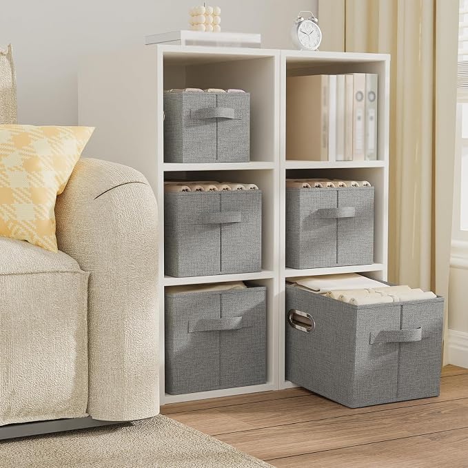 Washable Storage Box with Fabric Handle,Grey,15x9.8x9.8in,4 Pack | Open Storage Bins with Metal Grips,Moisture-Proof PP Board Closet Organizers,Foldable Cloth Baskets for Garment Cabinet