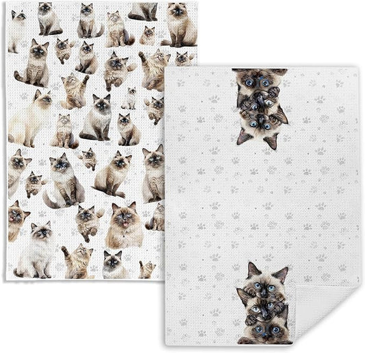 Ragdoll Cat Kitchen Towels, Ragdoll Cat Lovers Gifts Dish Tea Towels, Cute Kitty Kitten Paws Decorative Hand Towel for Bathroom, 16x24 Inch Set of 2
