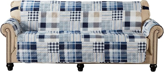 Brilliant Sunshine Blue Plaids and Stripes Patchwork Couch Cover, Quilted Large Sofa Slipcover, 70" Seat Width, Reversible Furniture Protector, 2" Strap, Washable Cover for Pets, Kids, Dogs, Cats,Blue | Quilted Sofa Cover, Living Room & Bedroom Furnitu...