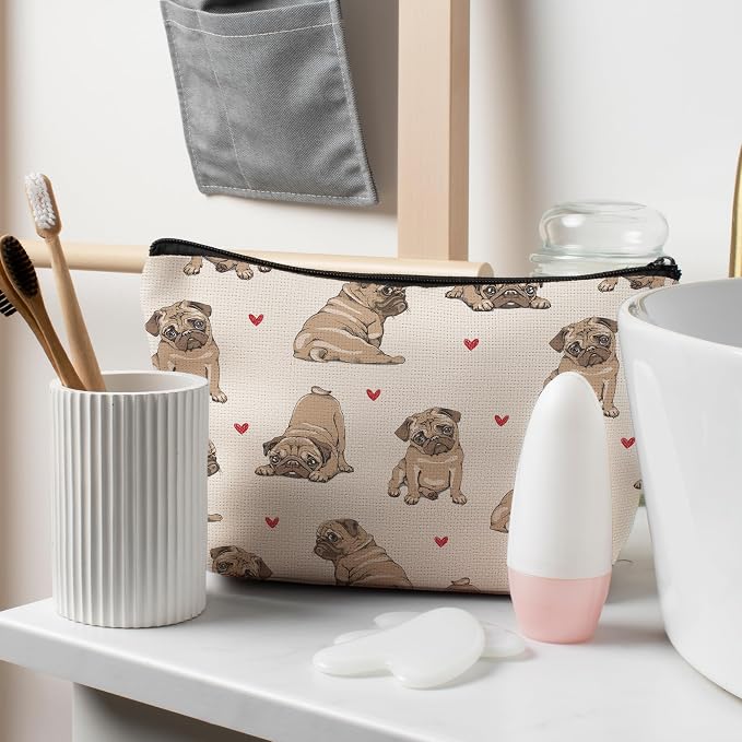 Pug Dog Makeup Bag, Pug Lovers Gifts Cosmetic Bag for Women, Dog Mom Lovers Owner Gifts for Women, Pet Lover Gift Zipper Travel Makeup Pouch for Purse