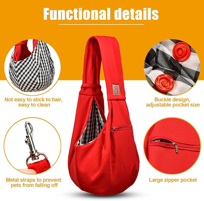 Tomkas Small Dog Cat Sling Carrier Puppy Purse Travel Wrap Soft Crossbody Pet Bag (Red, M - Zip Pocket & Classic Strap)