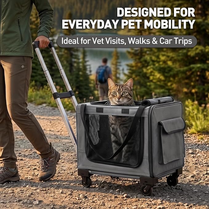 Rolling Cat Carrier with Wheels, 16.5 x 13 x 11.8 in, Light Gray | Expandable, foldable soft-sided carrier with detachable wheels and telescopic handle for cats and small dogs