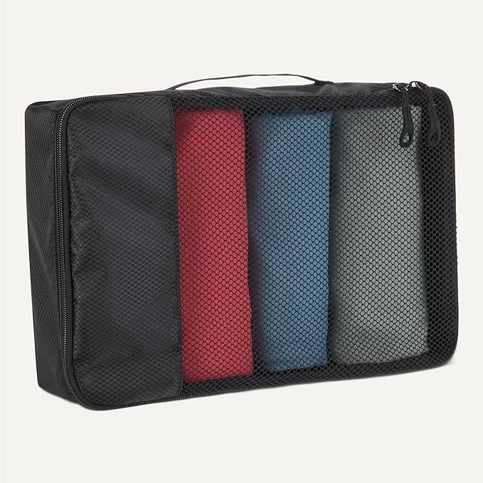 Amazon Essentials 4-Piece Space-Saving Packing Cubes Travel Accessories Set, Luggage Organizer with Double Zipper, Mesh Top, Small/Medium/Large/Slim, Black (Previously Amazon Basics)