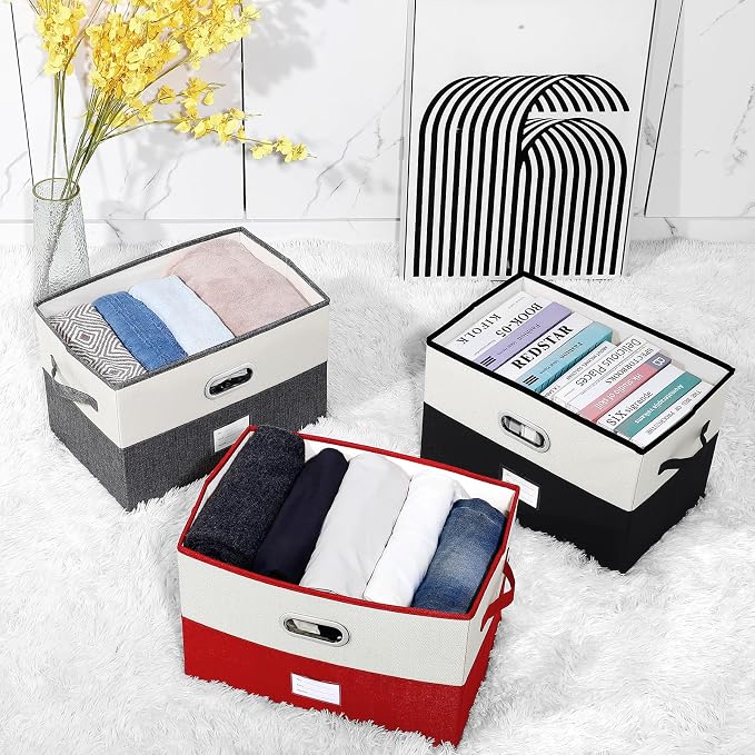 Large Linen Fabric Foldable Storage Bins with Removable Lid and Handles, Washable Storage Box Organizer Containers Baskets Cube with Cover for Bedroom,Office(Black&Cream, Large)