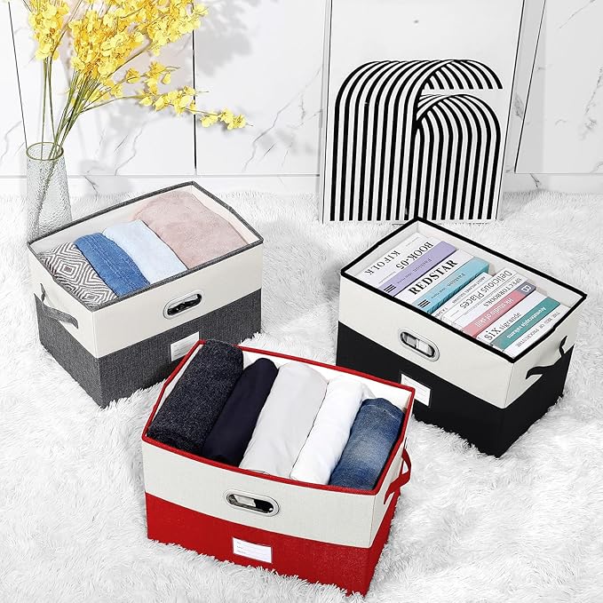 Large Linen Fabric Foldable Storage Bins with Removable Lid and Handles, Washable Storage Box Organizer Containers Baskets Cube with Cover for Bedroom,Office(Red&Cream, Large)