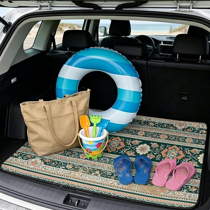 Howilath Heavy Duty Car Trunk Mat Non-Slip All Weather Green Floral Striped Aztec Rear Trunk Protection Auto Interior Accessory Durable & Easy Clean