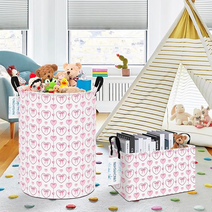 Rectangular Collapsible Pearl Heart Storage Basket Nursery Toy Organizer | Storage Bin Foldable Canvas with Handles for Organizing Home Kitchen Children Toys Office Closet Shelf Baskets
