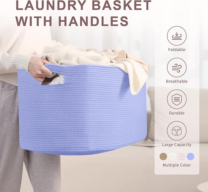 86L Large Woven Laundry Basket Hamper with Handles, Blue Purple | collapsible wicker hamper, storage for dirty clothes, toys, blankets, gifts, living room, bedroom, bathroom, 24"x16"x14"