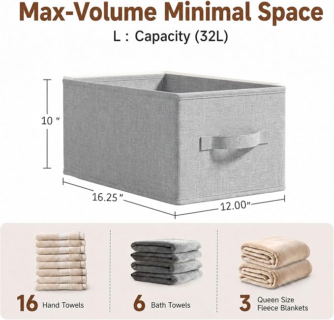 LayerSpace 3 Pack Fabric Storage Bins for Shelves | 16.25x12x10in Closet Storage Baskets | Collapsible Storage Bins |Fabric Closet Organizers with Handles | Light Gray | Thickened Rigid PP Panels, Cotton-linen Shelf Baskets, Measure 16.25"L x 12"W x 10...