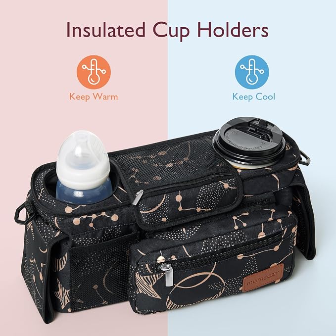 Momcozy Universal Baby Stroller Organizer, 2 Insulated Cup Holder, Detachable Zippered Pocket, Adjustable Shoulder Strap, Large capacity for baby essentials, Compact Design Fits Any Strollers | Detachable Phone Bag and Shoulder Strap, Fits for Uppababy...