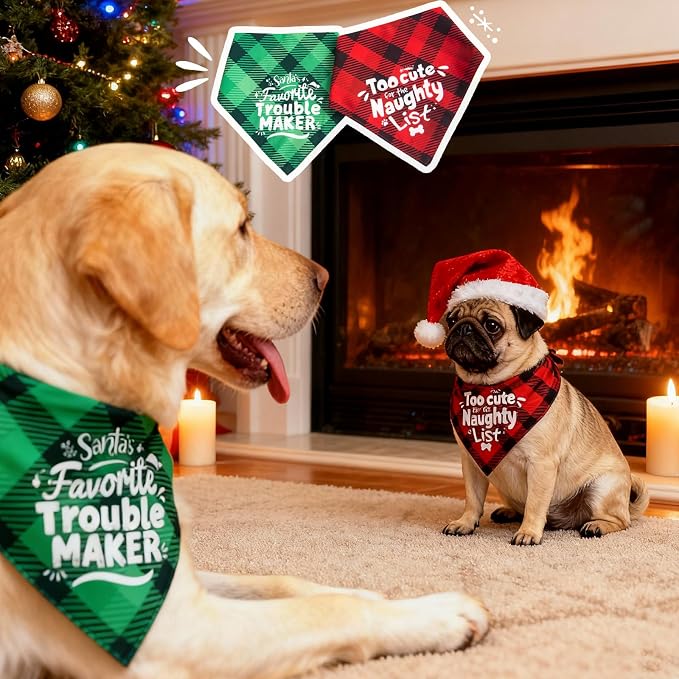 Christmas Dog Bandanas Naughty & Nice Idea Funny Holiday Stocking Pet Scarf Gifts - Too Cute for the Naughty List, Red Plaid, Extra Large Breed, 75lbs+
