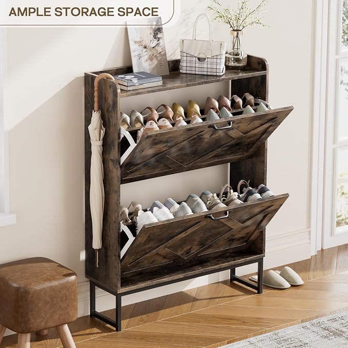 Shoe Cabinet with 2 Flip Drawers, Entryway Organizer, Chestnut | Slim Wood Shoe Rack with Metal Legs, Farmhouse Shoe Cabinet Storage for Entryway, Foyer, Hallway, Shoe Dresser with Hook