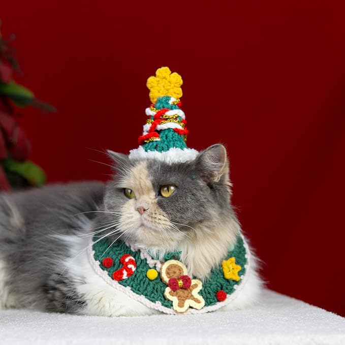 Christmas Dog Costume,Handmade Cat Holiday Outfit with Christmas Tree Hat & Gingerbread Man Scarf Set,Adjustable,Lightweight & Breathable Pet Accessories for Rabbit Xmas Party & Photos