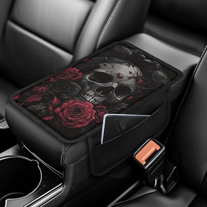 Howilath Car Armrest Console Cover Cushion Pad with 2 Bags | Raven Rose Skull Scratch-Resistant, Machine Washable, Fit for Long Commutes and Road Trips