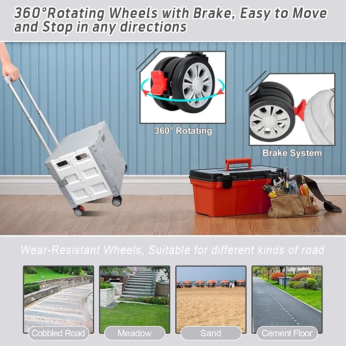 FELICON Folding Utility Cart Rolling Crate Handcart Basket Tote-Gray+White | Collapsible Hidden Lid,Plastic Box,Telescoping Handle,4 Rotate Wheels for Travel Shop Move Grocery Laundry Office Teacher Use