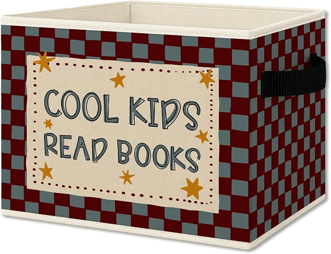 Kids Classroom Book Cube Storage Bins with Handles, Cool Kids Read Books Checkered Collapsible Fabric Storage Basket Boxes Books Clothes Organizer for Girls Boys Reading Room Bedroom