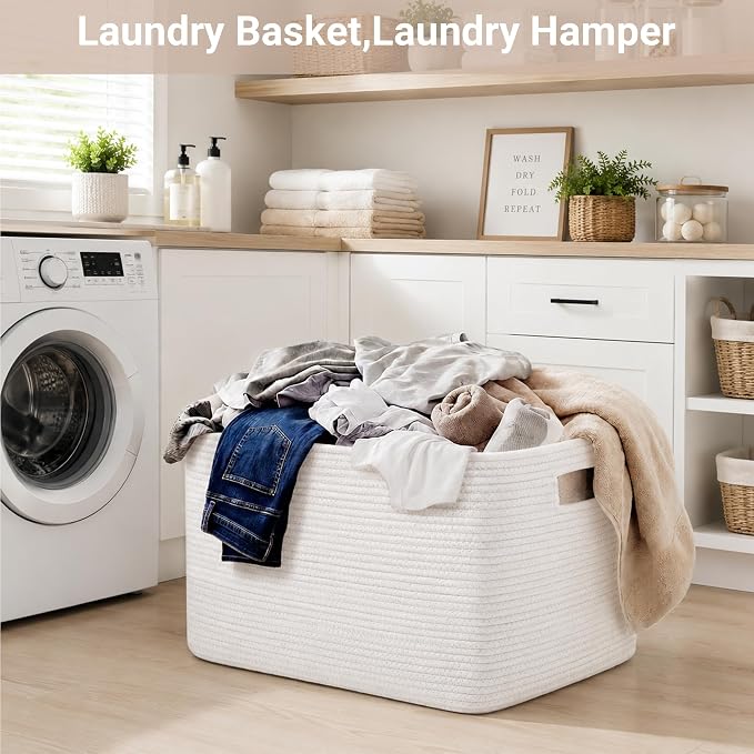 Large Laundry Basket/Hamper, 22"x17"x12", White | Rectangle Woven, Toy Storage, Baby Blanket Basket, With Handle, Shelf Basket
