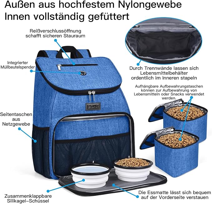 BAGLHER丨Dog Travel Bag, Airline Approved Pet Supplies Backpack, Dog Travel Backpack with 2 Silicone Collapsible Bowls and 2 Food Baskets