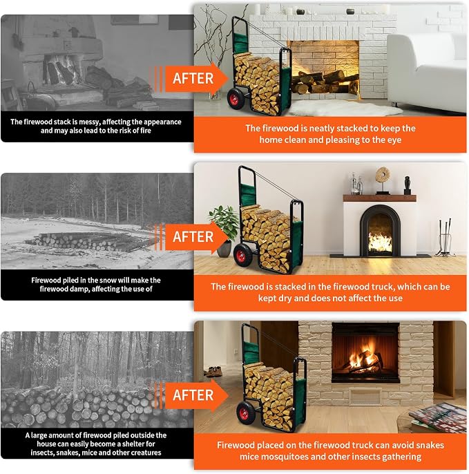Doublehorse Firewood Cart 27x20x44in Steel Pneumatic Wheels Green | Heavy Duty Metal Waterproof Portable Storage Rack for Outdoor Camping Backyard Fireplace Indoor Use
